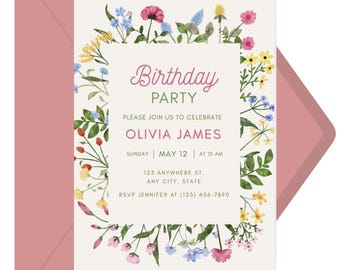 Inbjudan till födelsedag med vildblommor, redigerbar blommall (Canva)