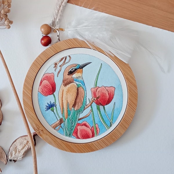 Médaillon en bambou à accrocher avec guêpier, aquarelle originale, pièce unique, décoration maison, ornithologie, idée cadeau fête des mères