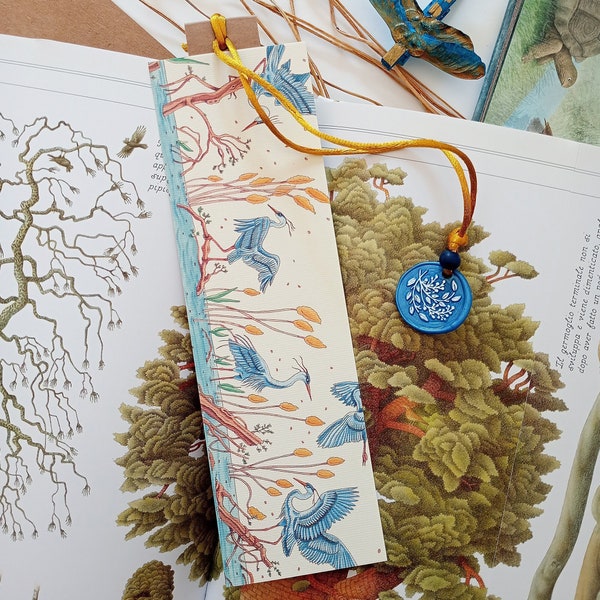 Blue Herons Bookmark with pendant, idea for a small original gift, watercolor illustration, ornithology, ceremony gift