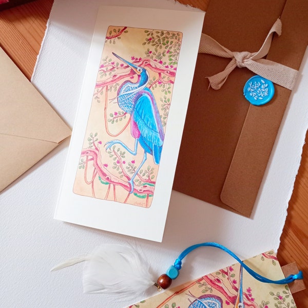 Tarjeta de felicitación plegada Heron Agami, con interior blanco, regalo para él, gran garza azul Tarjeta de felicitación, tarjeta de regalo artística