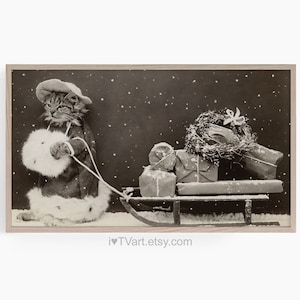 Samsung Funny Frame TV Art Christmas Cat Screensaver Shopping Pulling Sled frame TV Art Cute Christmas Vintage Holiday Photo Black and White