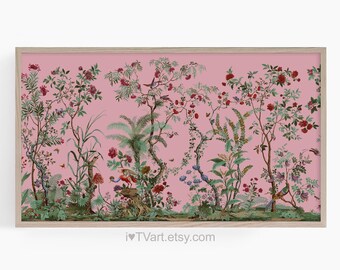 May include: A vintage-style floral print with a pink background. The print features a variety of flowers, leaves, and birds in shades of red, green, blue, and yellow. The print is framed in a light wood frame.