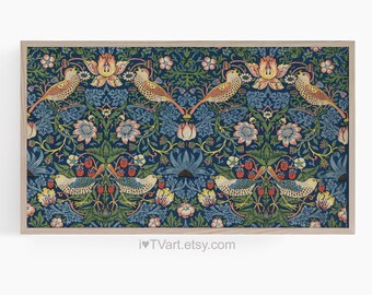 May include: A vintage-style print featuring a repeating pattern of stylised birds and flowers on a dark blue background. The design includes yellow, red, green, and white colours.