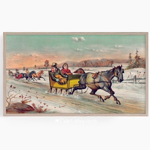 Samsung Frame TV art Sleigh Snow Scene Christmas Morning Holiday Vintage Retro Colorful Winter Screensaver Landscape Painting Frame TV Art