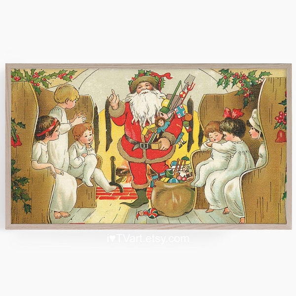 Samsung Frame TV Santa & Kids Christmas Art Holiday Vintage Victorian Santa at Fireplace Giving Kids Gifts Frame TV Instant Digital Download