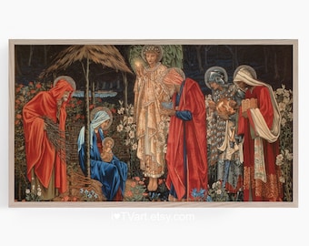 May include: A tapestry depicting the Nativity scene with Mary, Joseph, and the baby Jesus.  The scene is set in a stable with a straw-filled manger.  Three wise men are approaching the manger, each carrying a gift.  An angel is hovering above the scene, with a halo around its head.