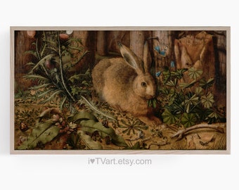 Rabbit Frame TV Art Easter Bunny Samsung Spring TV Art Vintage Woodland Rabbit Hare in Forest Antique Landscape Painting Instant Download