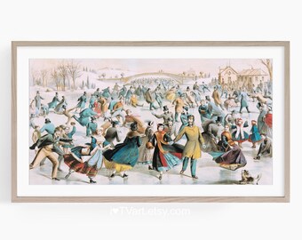 May include: A framed print of a vintage winter scene depicting a crowd ice skating on a frozen lake. The skaters are dressed in period clothing, with a bridge and buildings in the background. The artwork is in a light wood frame.