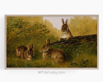 Bunny Frame TV Art Easter Rabbits TV Art Samsung Spring Landscape Painting Vintage Easter Scene Antique Rabbits in Meadow Instant Download