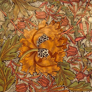 May include: A vintage floral pattern featuring a repeating design of orange, green and pink flowers. The pattern is intricate and detailed, with a variety of leaves and stems.
