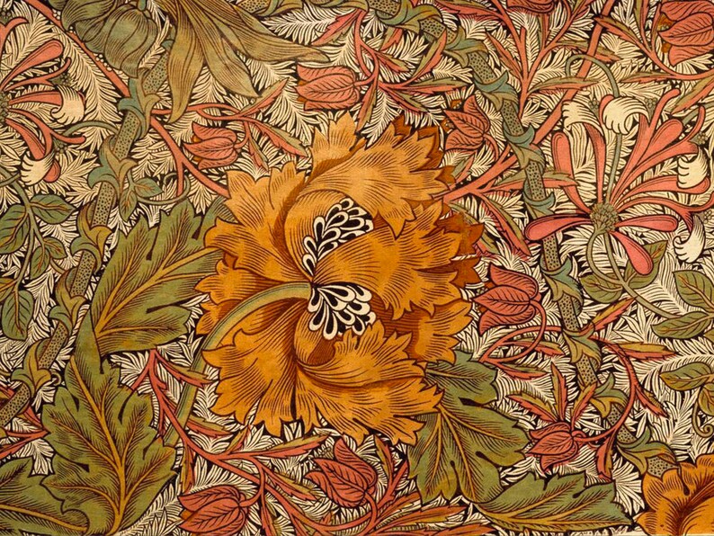 May include: A vintage floral pattern featuring a repeating design of orange, green and pink flowers. The pattern is intricate and detailed, with a variety of leaves and stems.