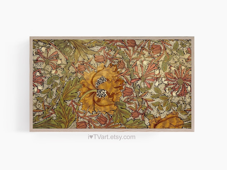 May include: A vintage floral print featuring a repeating pattern of yellow, orange, green, and pink flowers and leaves. The print is reminiscent of Art Nouveau style.