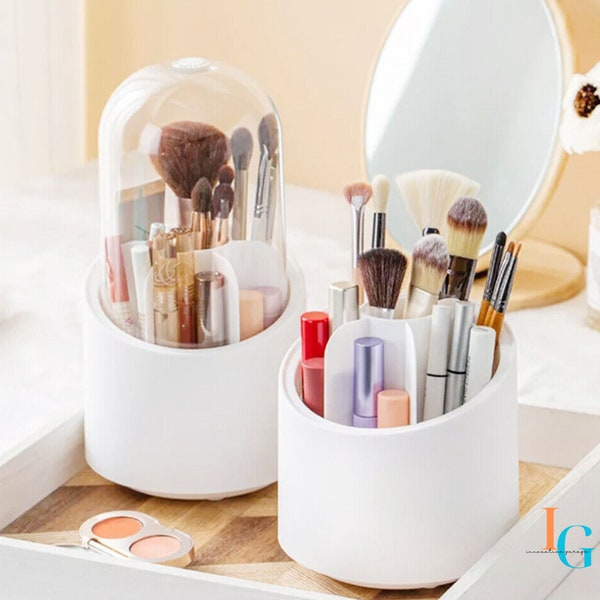 Makeup Brushes Organizer-360 Degree Rotating Base-Organizer with Transparent Cover for Dressing Table, Bathroom, Kitchen, Home and Office