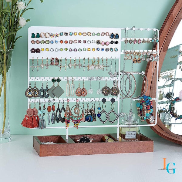 Jewellery Stand Holder and Organiser with Wooden Tray with 170 Earring slots - Display your Earrings, Ear Studs, Rings, Necklace