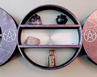 Triple Moon Goddess Crystal Shelf: Wiccan Altar Decor with Pentacle