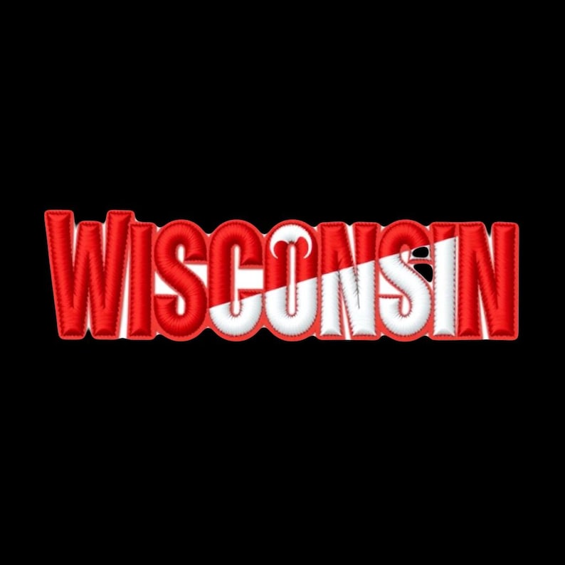 May include: Embroidered patch featuring the word "WISCONSIN" in bold, red letters with a white and red flag design. The patch has a stitched border and is set against a black background.