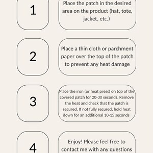 May include: Instructional graphic with the title "APPLICATION STEPS". The image details the steps for applying heat-activated patches. Steps include placing the patch, covering it with cloth, applying heat, and enjoying the result. Text is in a clean, easy-to-read font.