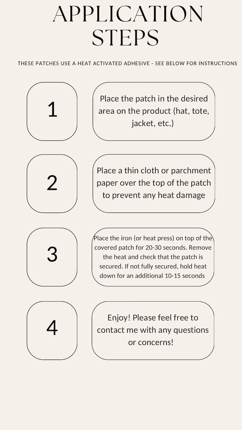 May include: Instructional graphic with the title "APPLICATION STEPS". The image details the steps for applying heat-activated patches. Steps include placing the patch, covering it with cloth, applying heat, and enjoying the result. Text is in a clean, easy-to-read font.