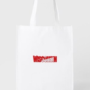 May include: White tote bag with red text that reads "WISCONSIN". The bag has two white handles and is made of a lightweight material. The text is in a bold, 3D style.
