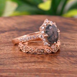 Oval Moss Agate Ring Set: Rose Gold Art Deco Wedding Band
