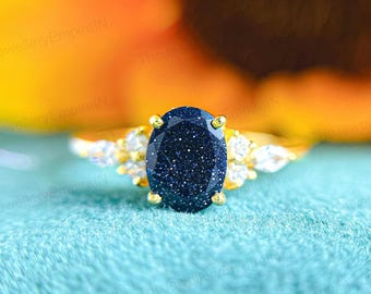 Sterling Silver Galaxy Blue Sandstone Ring: Vintage Cluster Engagement Jewelry