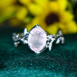Vintage Oval Rose Quartz Engagement Ring: White Gold Leaf Ring
