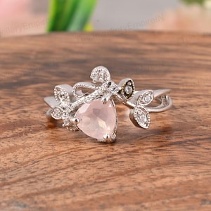Rose Quartz Heart Ring: 14k White Gold Floral Cluster