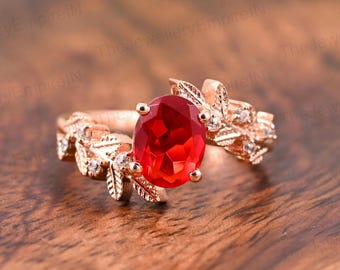 Oval Garnet Rose Gold Leaf Engagement Ring, Nature Inspired Wedding Ring
