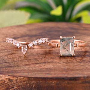 Emerald Cut Natural Moss Agate Engagement Ring Set 14k Solid Gold Moss Agate Solitaire Wedding Bridal Ring Hidden Hola Ring Promise Gifts