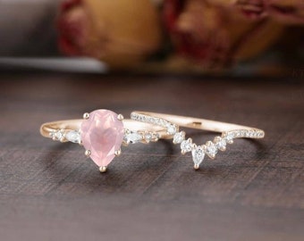 Natural Rose Quartz Ring - 925 Sterling Silver Ring - Gold Ring - Rose Quartz Jewelry - Handmade Silver -Jewelry Rose Quartz 2 Pcs Set