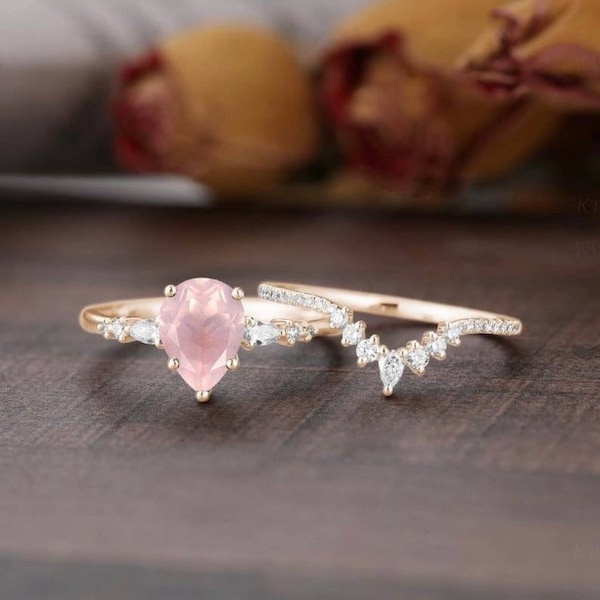 Natural Rose Quartz Ring - 925 Sterling Silver Ring - Gold Ring - Rose Quartz Jewelry - Handmade Silver -Jewelry Rose Quartz 2 Pcs Set