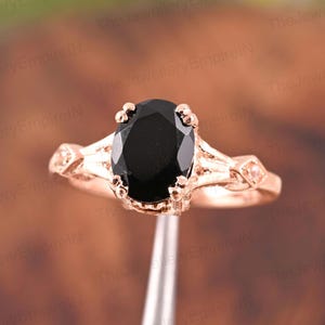Vintage Oval Black Onyx Engagement Ring: 14k Rose Gold, Moissanite Accents
