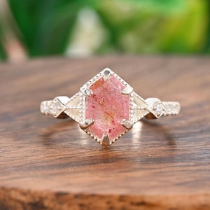 Art Deco Strawberry Quartz Ring: Long Hexagon, Sterling Silver Promise Ring