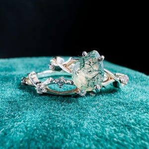 Birne Moos Achat Verlobungsring Set: Sterling Silber Brautschmuck