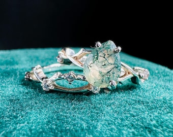 Handmade Pear Moss Agate Engagement Ring Set: Sterling Silver Twig Vine Bridal Jewelry