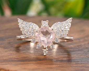 Heart Cut Rose Quartz Ring: Sterling Silver Angel Wing Accents