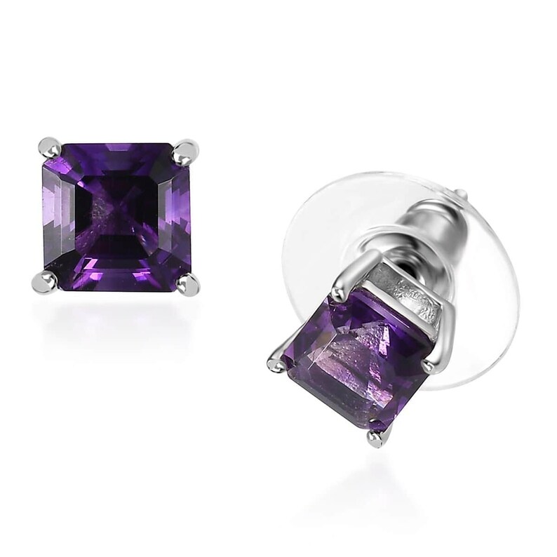 Asscher Cut Moroccan Amethyst Solitaire Stud Earrings in Platinum Over ...