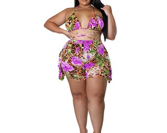 Plus Size Two Piece Swimsuit,  Two Piece Short Set, Leopard Print Swimsuit,  Plus Size Fashion, Floral Swimsuit, XL 2XL Swimwear, Plus Size