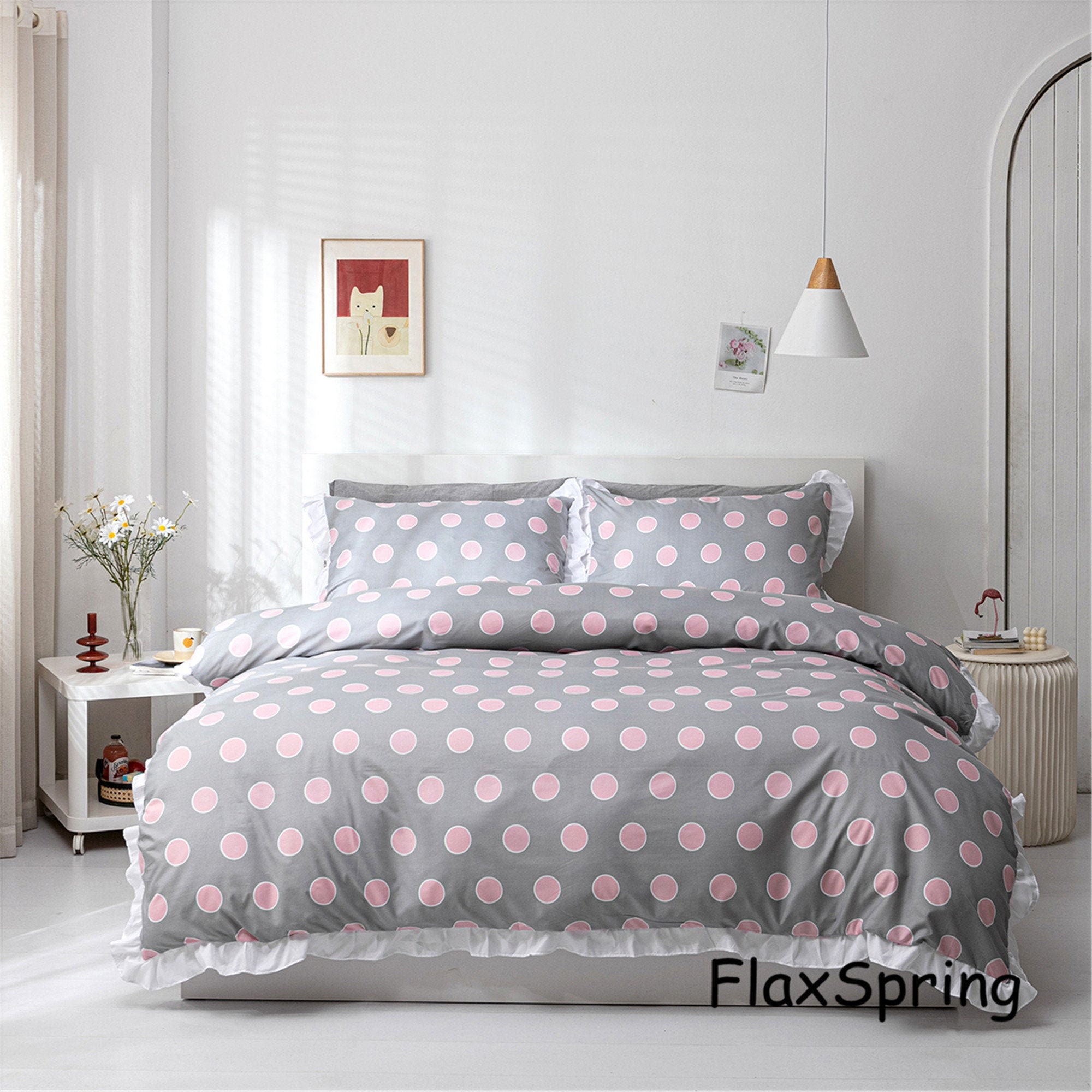 Pink Polka Dots Bedding Set White Ruffle Duvet Cover Set Etsy