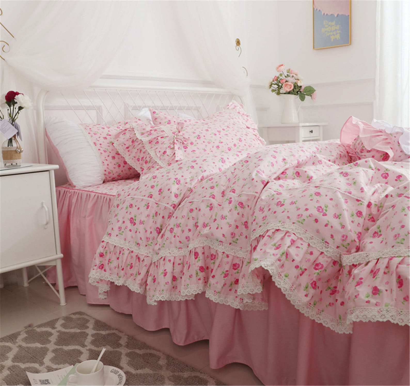 Pink Flower Bedding Set High Quality Cotton Duvet Cover Set | Etsy