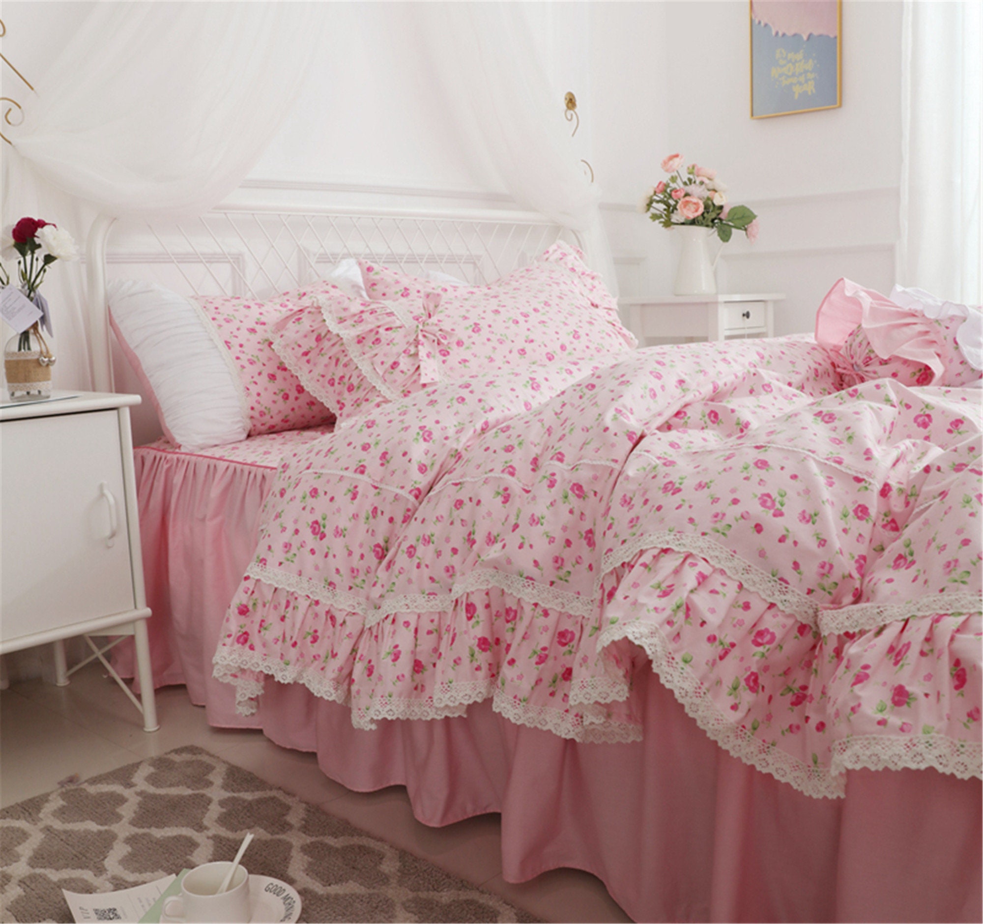 Pink Flower Bedding Set High Quality Cotton Duvet Cover Set | Etsy