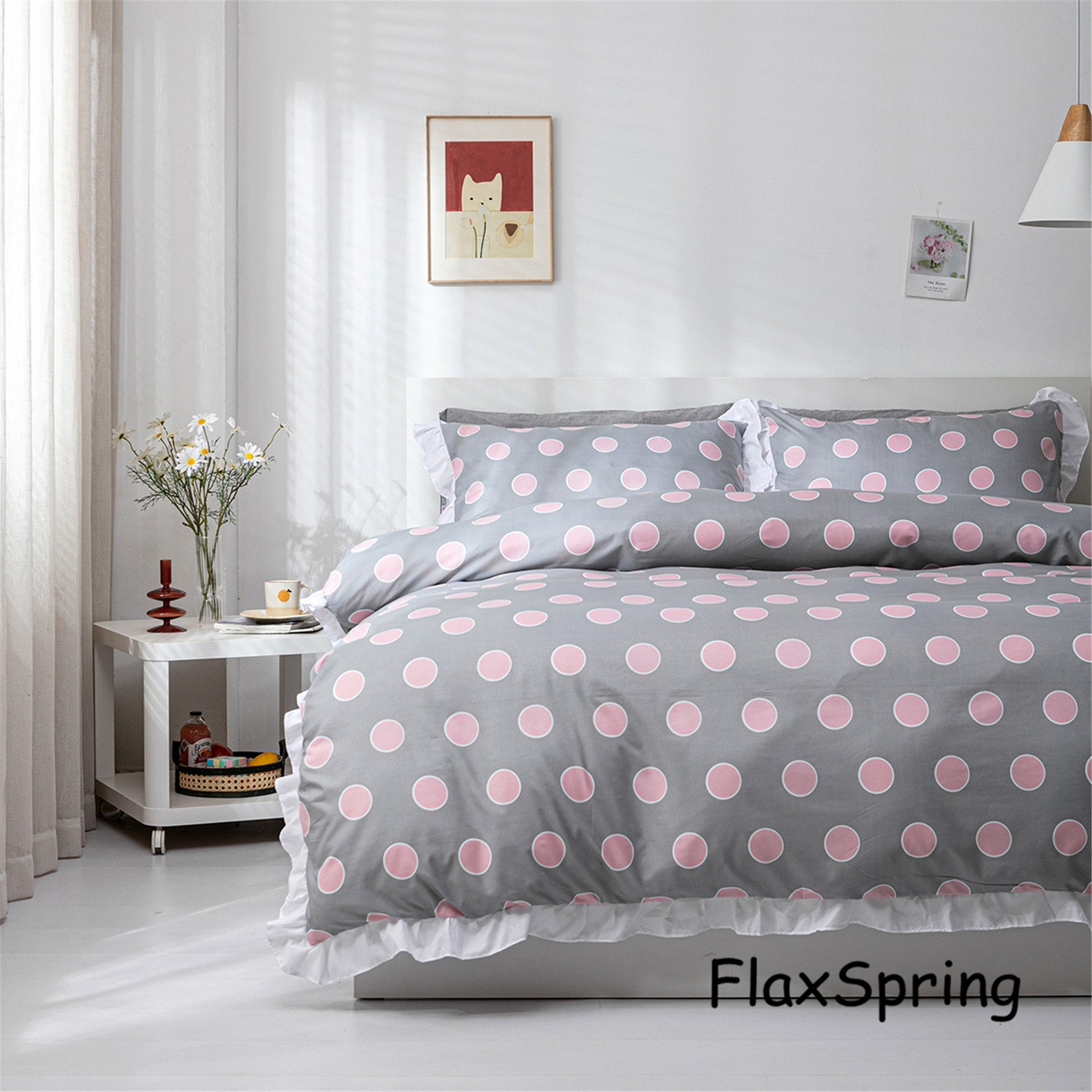 Pink Polka Dots Bedding Set White Ruffle Duvet Cover Set Etsy