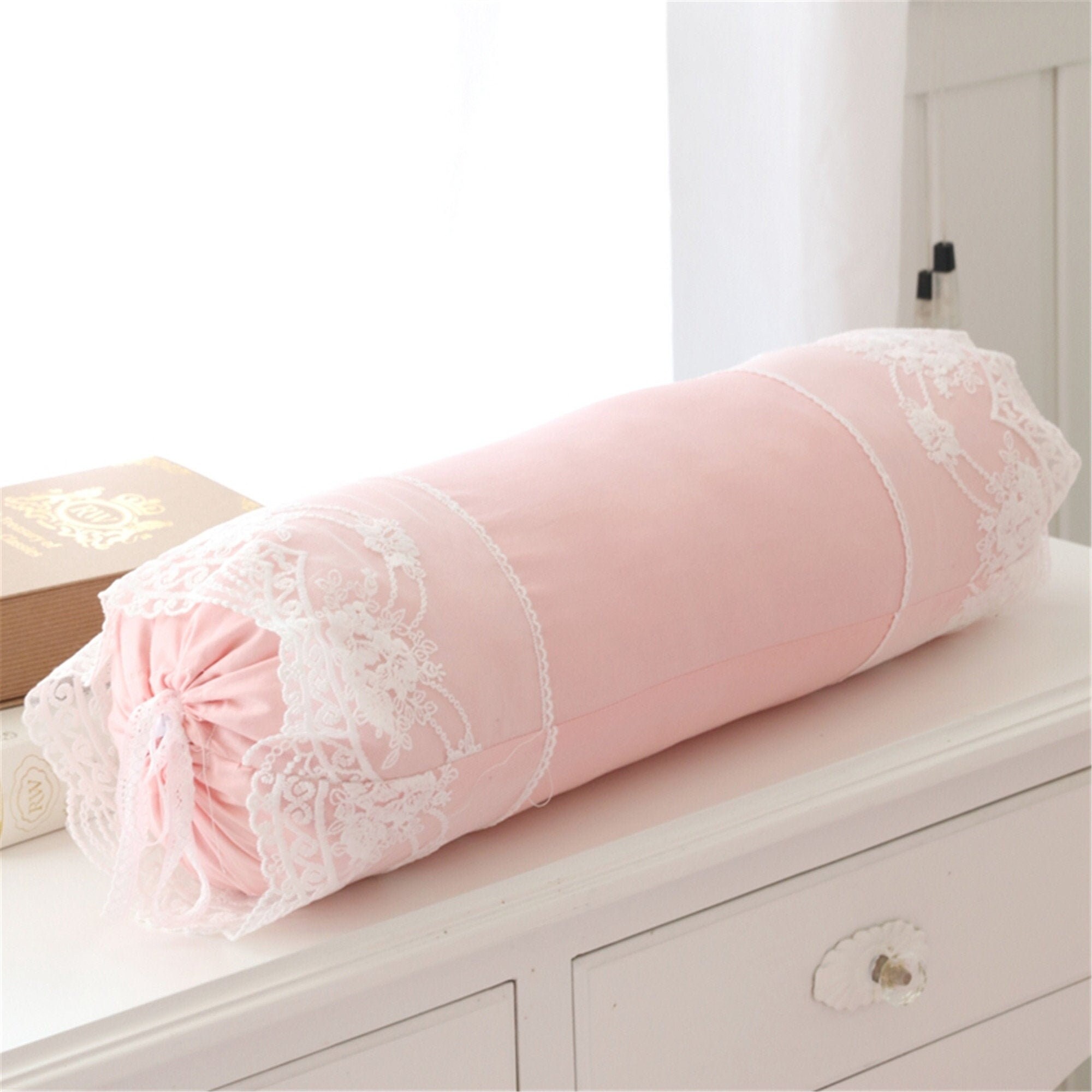 Floral Lace Bolster Neckroll Pillow Pink Solid Color Pillow Etsy