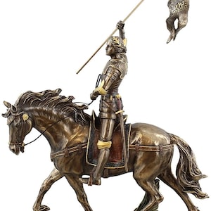 Joan of Arc on Horse Back with Flag Bronze Finish Statue Sculpture Home Décor