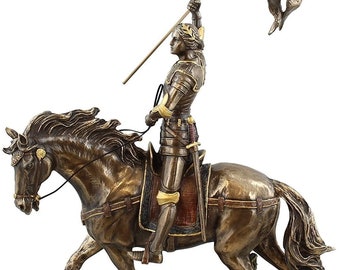 Statua di Giovanna d'Arco a cavallo con bandiera, finitura in bronzo, scultura, arredamento per la casa