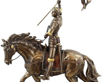 Jeanne d’Arc sur le dos de cheval avec drapeau Bronze Finition Statue Sculpture Home Décor