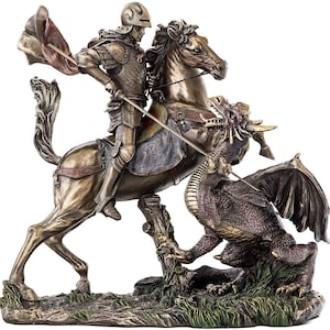 St. George Slaying the Dragon Legendary Medieval Knight Sculpture  Statue Cold Cast Bronze 10.63 inches