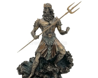 Poseidon Neptune with Trident on wave Statue Sculpture Cold Cast Bronze & Resin