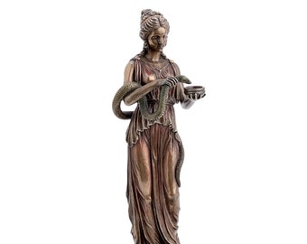 Hygeia, dea greca della salute, statuetta in bronzo fuso a freddo e statua in resina, scultura a forma di serpente