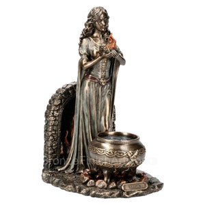 Brigid Goddess of Hearth and Home Holding Sacred Flame Cold Cast Bronze & Resin Statue Sculpture